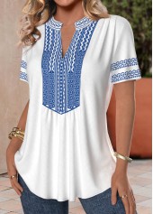 Tribal Print Patchwork White Short Sleeve Split Neck Blouse