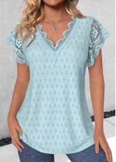 Bowknot Light Blue Short Sleeve V Neck T Shirt