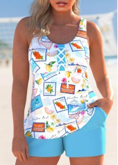 Letter Print Lace Up Cyan Tankini Set