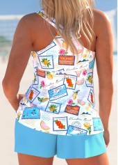 Letter Print Lace Up Cyan Tankini Set