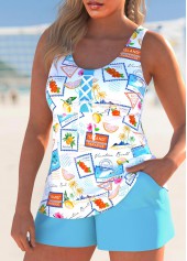 Letter Print Lace Up Cyan Tankini Set