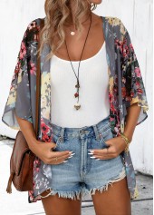 Floral Print Dark Grey 3/4 Sleeve Light Cardigan