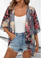 Floral Print Dark Grey 3/4 Sleeve Light Cardigan