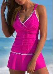 Criss Corss Contrast Binding Hot Pink Tankini Set