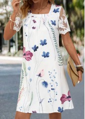 Floral Print Lace White Short A Line Dress