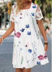 Floral Print Lace White Short A Line Dress