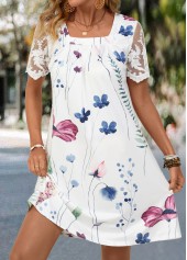 Floral Print Lace White Short A Line Dress
