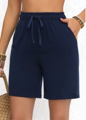 Double Side Pockets Elastic Waist Navy High Waisted Shorts