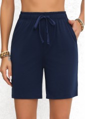 Double Side Pockets Elastic Waist Navy High Waisted Shorts