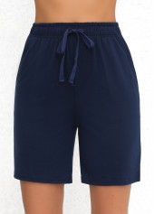 Double Side Pockets Elastic Waist Navy High Waisted Shorts