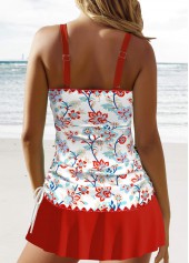 Floral Print Circular Ring Red Tankini Set