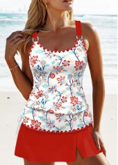 Floral Print Circular Ring Red Tankini Set