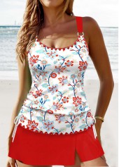 Floral Print Circular Ring Red Tankini Set