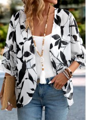 Leaf Print Lightweight White 3/4 Sleeve Light Cardigan