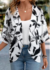 Leaf Print Lightweight White 3/4 Sleeve Light Cardigan