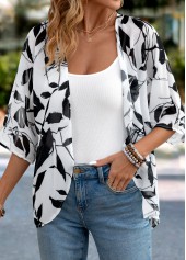 Leaf Print Lightweight White 3/4 Sleeve Light Cardigan