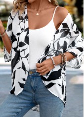 Leaf Print Lightweight White 3/4 Sleeve Light Cardigan