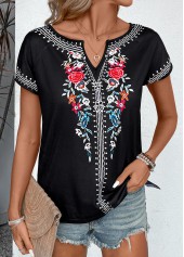 Floral Print Black Short Sleeve Split Neck T Shirt