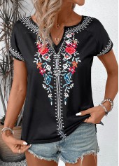 Floral Print Black Short Sleeve Split Neck T Shirt
