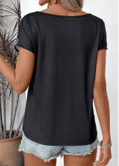 Floral Print Black Short Sleeve Split Neck T Shirt