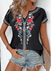 Floral Print Black Short Sleeve Split Neck T Shirt