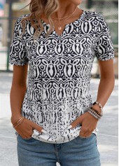 Tribal Print Black Short Sleeve Split Neck T Shirt