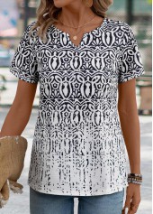 Tribal Print Black Short Sleeve Split Neck T Shirt
