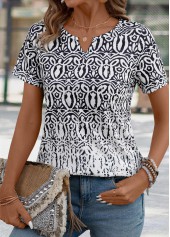 Tribal Print Black Short Sleeve Split Neck T Shirt
