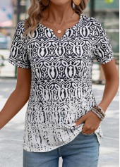 Tribal Print Black Short Sleeve Split Neck T Shirt
