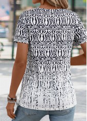 Tribal Print Black Short Sleeve Split Neck T Shirt