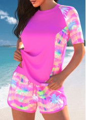Tropical Plants Print Patchwork Neon Rose Red Tankini Set