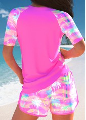 Tropical Plants Print Patchwork Neon Rose Red Tankini Set