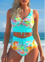 Tie Dye Print Ruched Cyan Bikini Set
