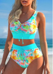 Tie Dye Print Ruched Cyan Bikini Set