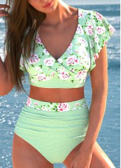 Floral Print Criss Cross Light Green Bikini Set