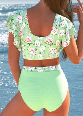Floral Print Criss Cross Light Green Bikini Set