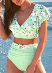 Floral Print Criss Cross Light Green Bikini Set