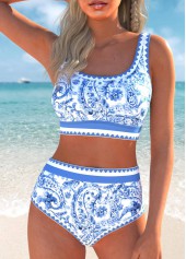 Paisley Print Contrast Binding Dusty Blue Bikini Set