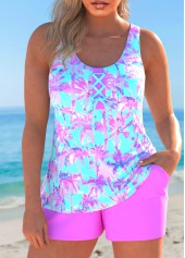 Tropical Plants Print Lace Up Hot Pink Tankini Set