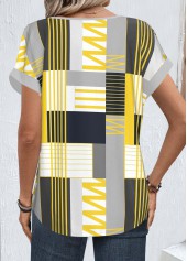 Geometric Print Zipper Multi Color Short Sleeve Blouse