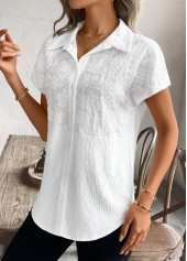 Patchwork White Short Sleeve Shirt Collar Blouse