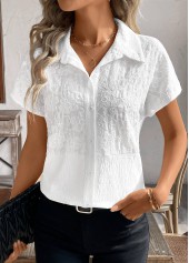 Patchwork White Short Sleeve Shirt Collar Blouse