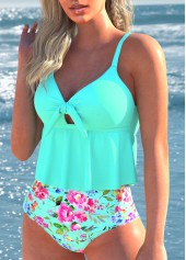 Floral Print Bowknot Mint Green Bikini Set