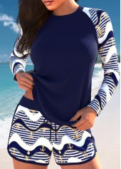 Drawstring Striped Patchwork Navy Tankini Set