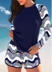 Drawstring Striped Patchwork Navy Tankini Set