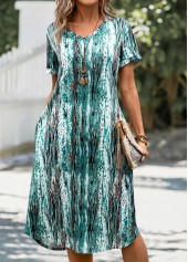 Graffiti Print Pocket Mint Green A Line Dress