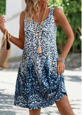 Tribal Print Pocket Peacock Blue A Line Sleeveless Dress