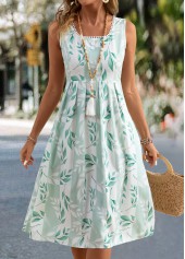 Leaf Print Light Green Sleeveless Square Neck Dress