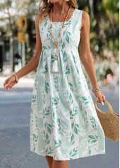 Leaf Print Light Green Sleeveless Square Neck Dress