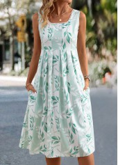 Leaf Print Light Green Sleeveless Square Neck Dress